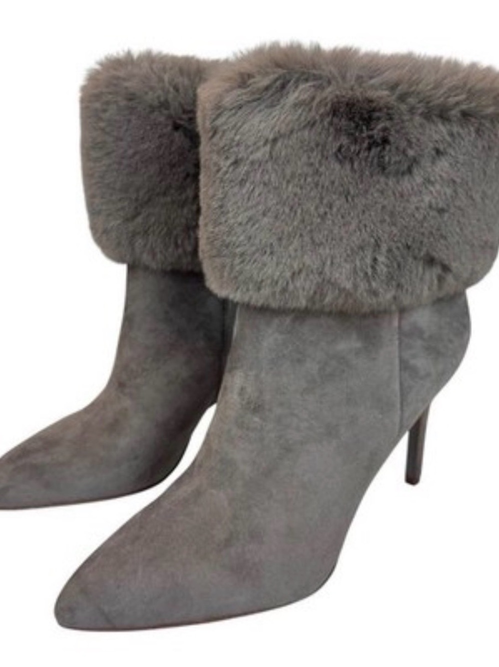Sam Edelman Women’s Gray Faux Fur Cuff Pointed Toe Ankle Boots Suede Sz 6.5